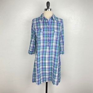 Old Navy Shift Dress Womens Medium Blue Plaid Cotton Long Roll-Up Sleeves Snaps